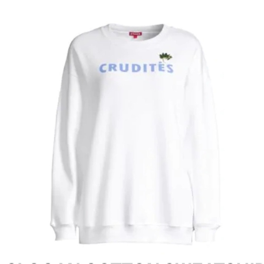 NWOT STAUD Crudités Slogan White Sweatshirt with Blue Print and Pin.